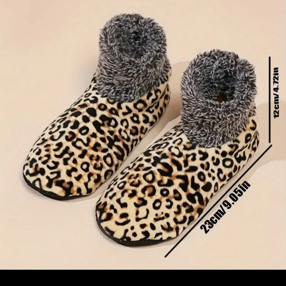 Cozy Leopard print Fuzzy Trim Anti-Slip Thermal Slipper Socks